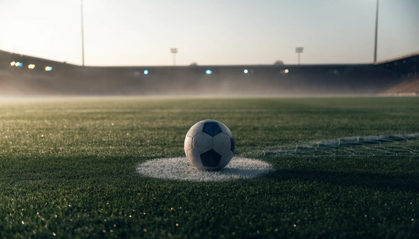 Ein einzelner Fussball liegt auf dem Anstosspunkt eines leeren Rasenplatzes am frühen Morgen, Tau glitzert auf dem Gras, die Tribüne liegt im Dunst.
