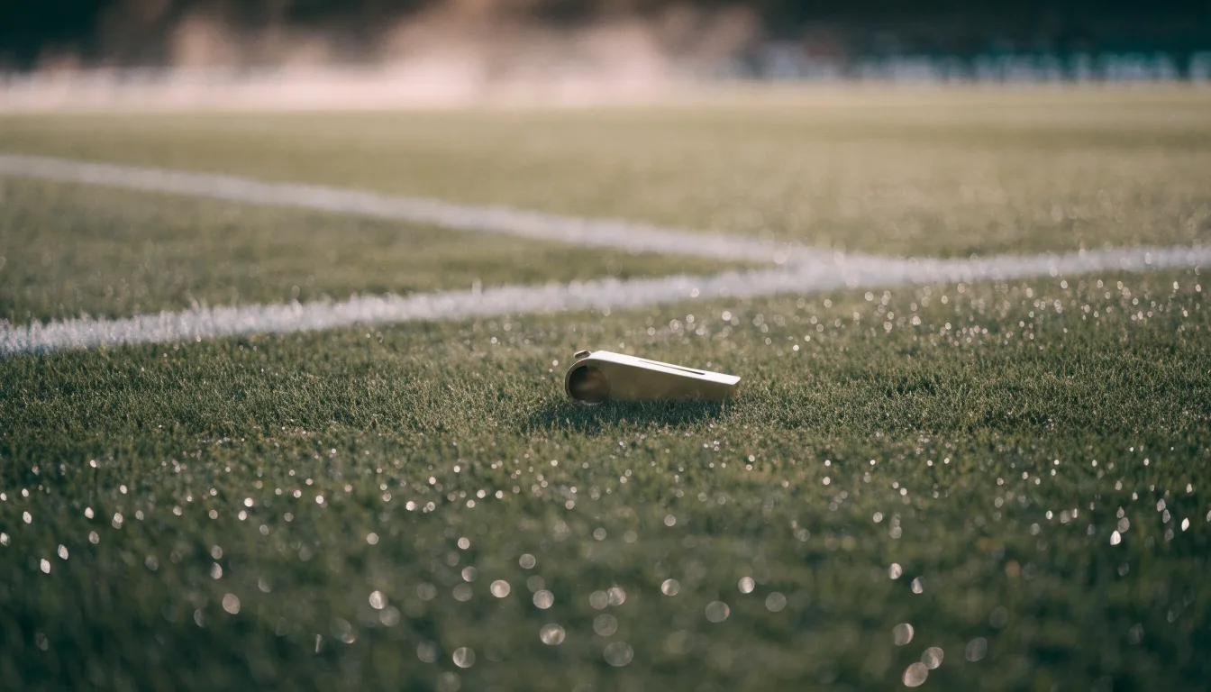 Eine Trillerpfeife liegt auf dem Rasen neben der Mittellinie, Tau hängt an den Halmen, im Hintergrund ein leerer Spielfeldrand.