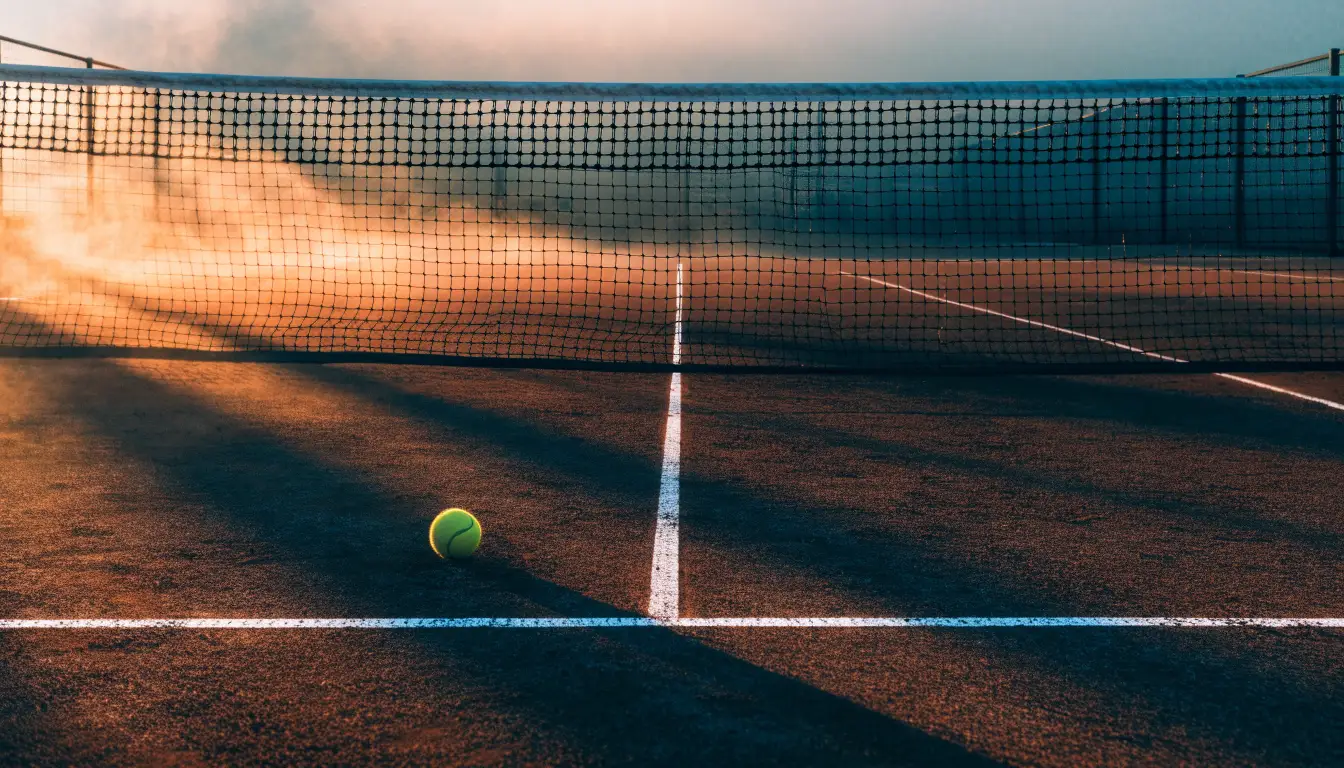 Ein Tennisplatz bei Sonnenaufgang, die Linien frisch gezogen, das Netz in der Mitte und Nebel über dem Boden.