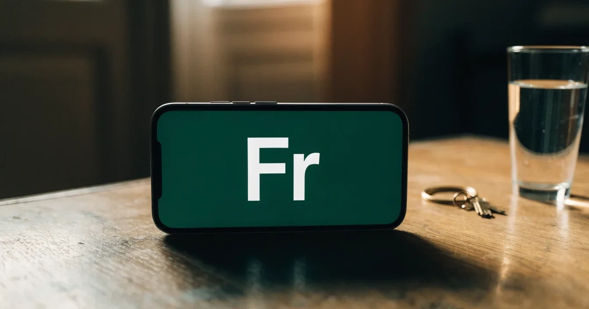 Ein Smartphone mit schwarzem Display liegt auf einem Holztisch neben einem Glas Wasser und einem Schlüsselbund.