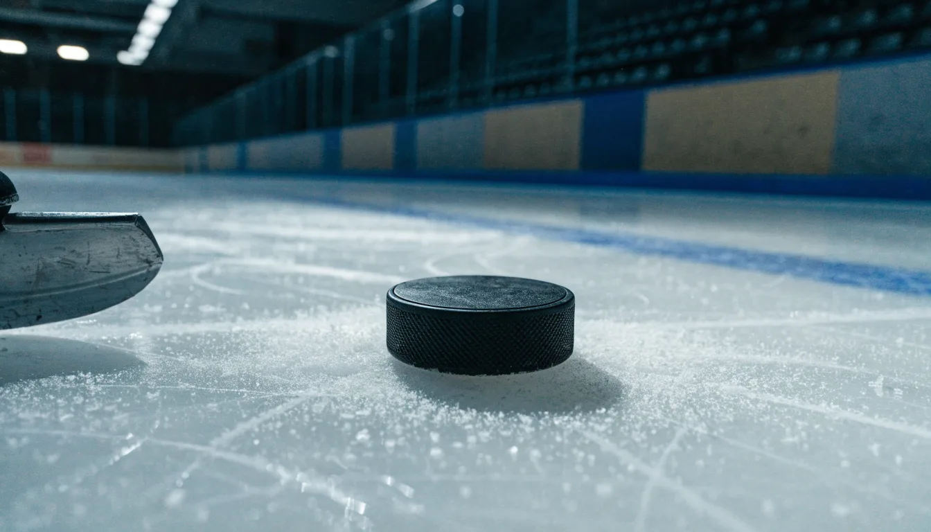 Ein Eishockeypuck liegt auf dem Eis, im Hintergrund unscharf die Bande unter hellem Hallenlicht.