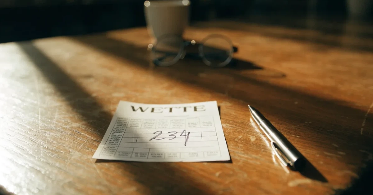 Ein leerer Wettschein aus Papier liegt neben einem Kugelschreiber auf einem Holztisch, weiches Licht fällt von der Seite.