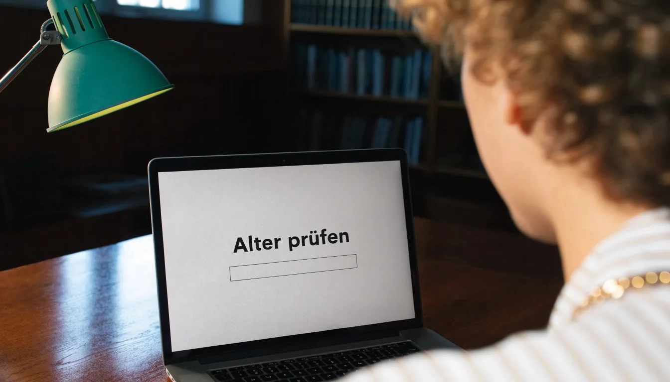 Eine Bibliothek mit hohen Holzregalen voller Bücher, im Vordergrund ein Lesetisch mit grüner Lampe.