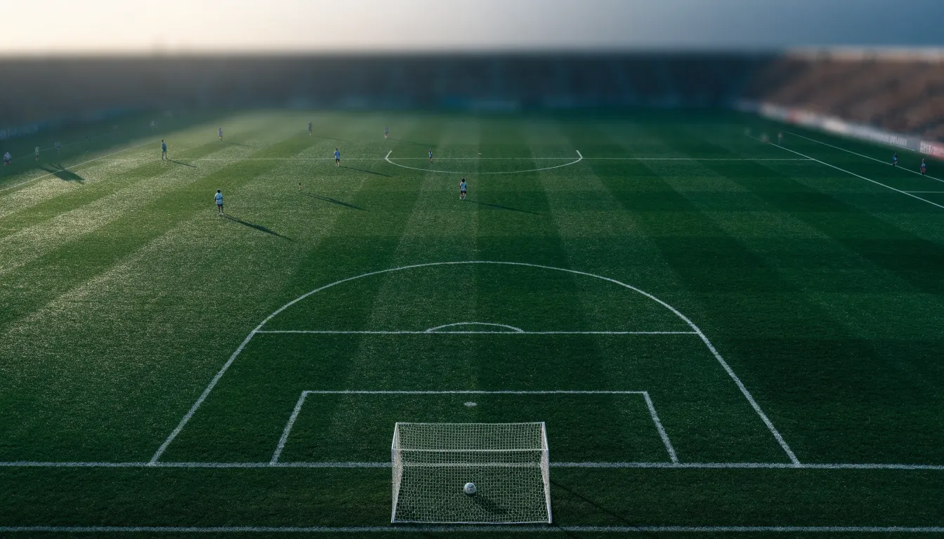 Ein Fussballplatz von oben gesehen, die Linien bilden ein helles Muster auf dem Rasen, Drohnenperspektive in der Morgendämmerung.