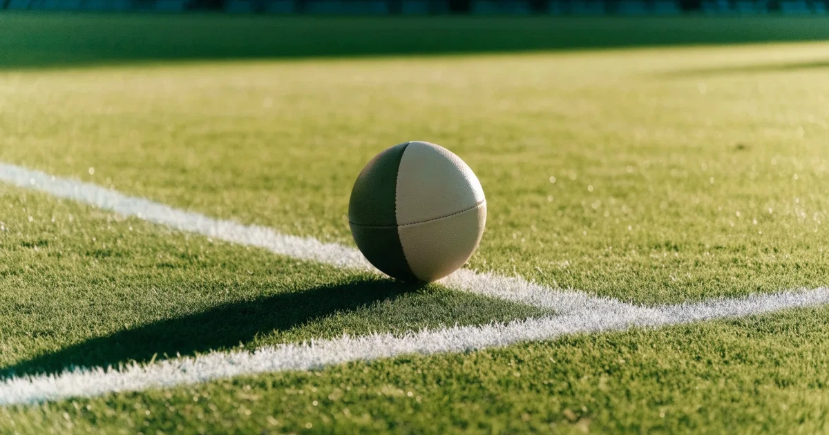 Ein Fussball und ein Massband liegen auf kurz geschnittenem Rasen neben einer Kreidelinie, Morgenlicht von der Seite.
