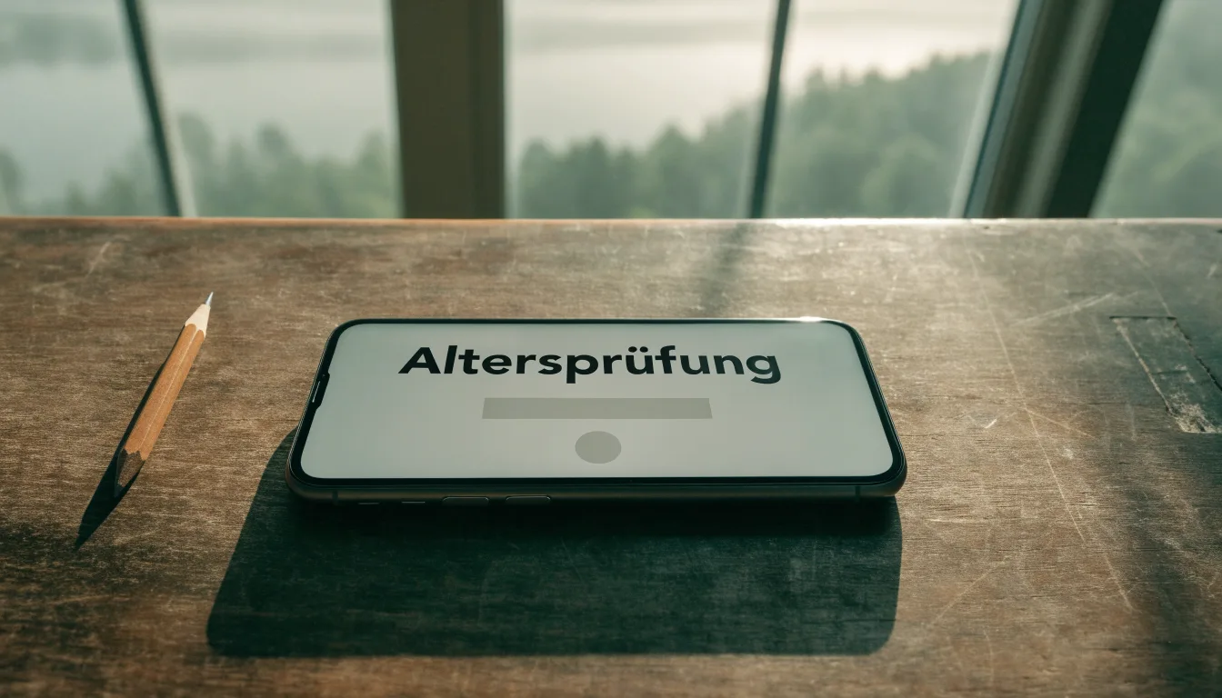 Ein Seeufer mit einem hölzernen Steg, Nebel liegt über dem Wasser, am anderen Ufer erheben sich Berge.