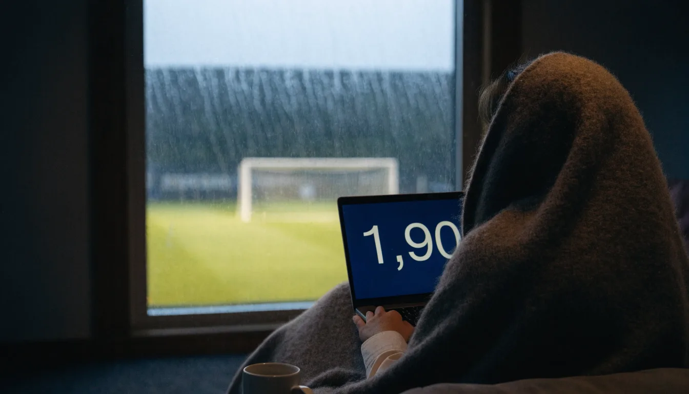 Ein Sofa mit Wolldecke steht vor einem grossen Fenster, draussen Regen und in der Ferne ein Fussballplatz.