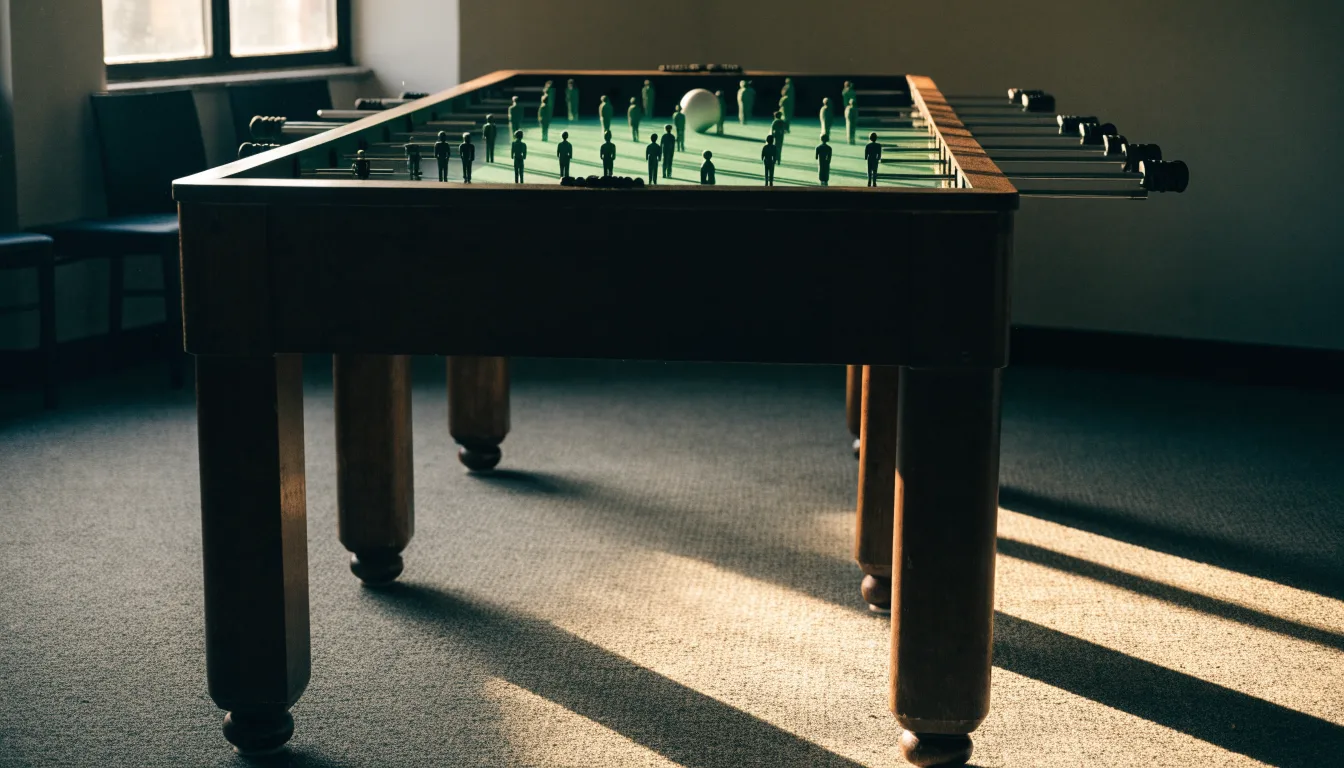Ein Tischfussballtisch steht in einem leeren Aufenthaltsraum, Nachmittagslicht fällt durch ein Fenster.
