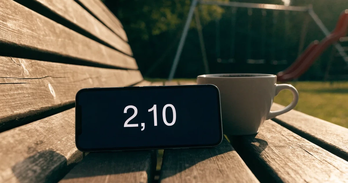 Ein Smartphone mit dunklem Display liegt auf einer Parkbank, daneben ein Kaffeebecher, im Hintergrund ein Spielplatz.