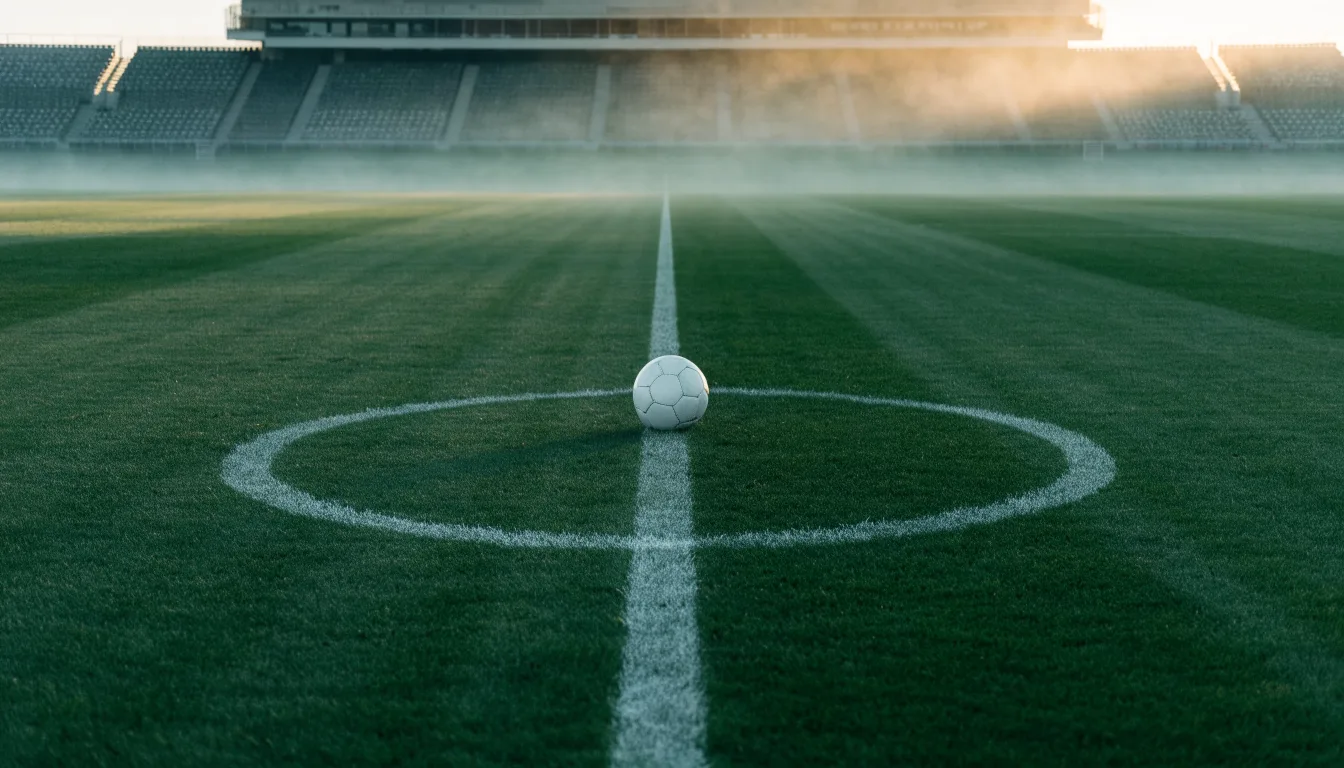 Ein Fussball liegt auf dem Anstosspunkt eines leeren Rasenplatzes im frühen Morgenlicht, dahinter erhebt sich eine menschenleere Tribüne.
