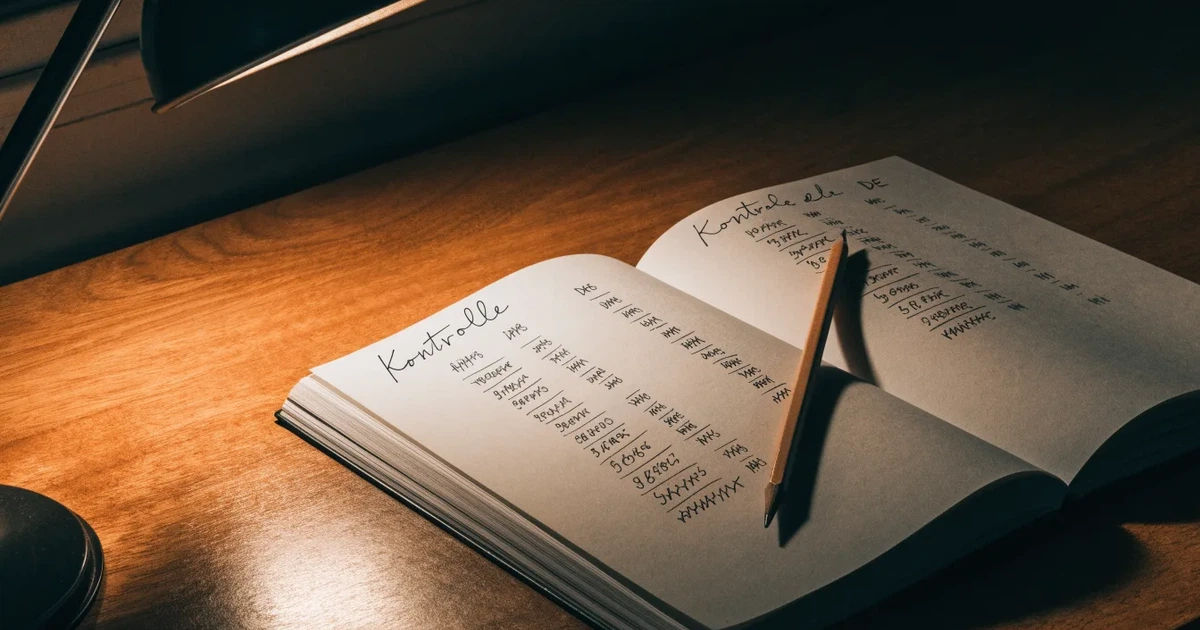 Ein aufgeschlagenes Notizbuch mit handschriftlichen Strichlisten und Spalten liegt neben einem Bleistift auf einem Holztisch im warmen Licht einer Schreibtischlampe.