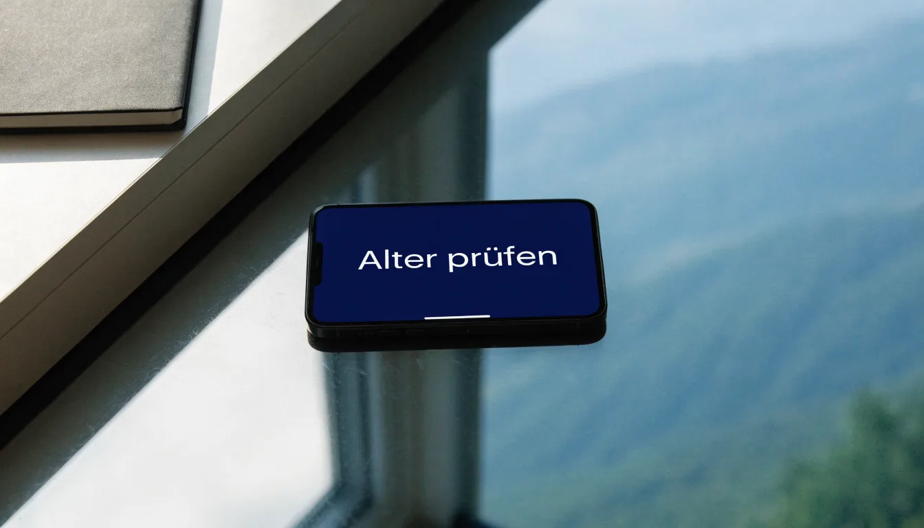 Eine Waage aus Messing steht auf einem polierten Schreibtisch in einem hellen Büro, durch das Fenster sind ferne Berge zu sehen.