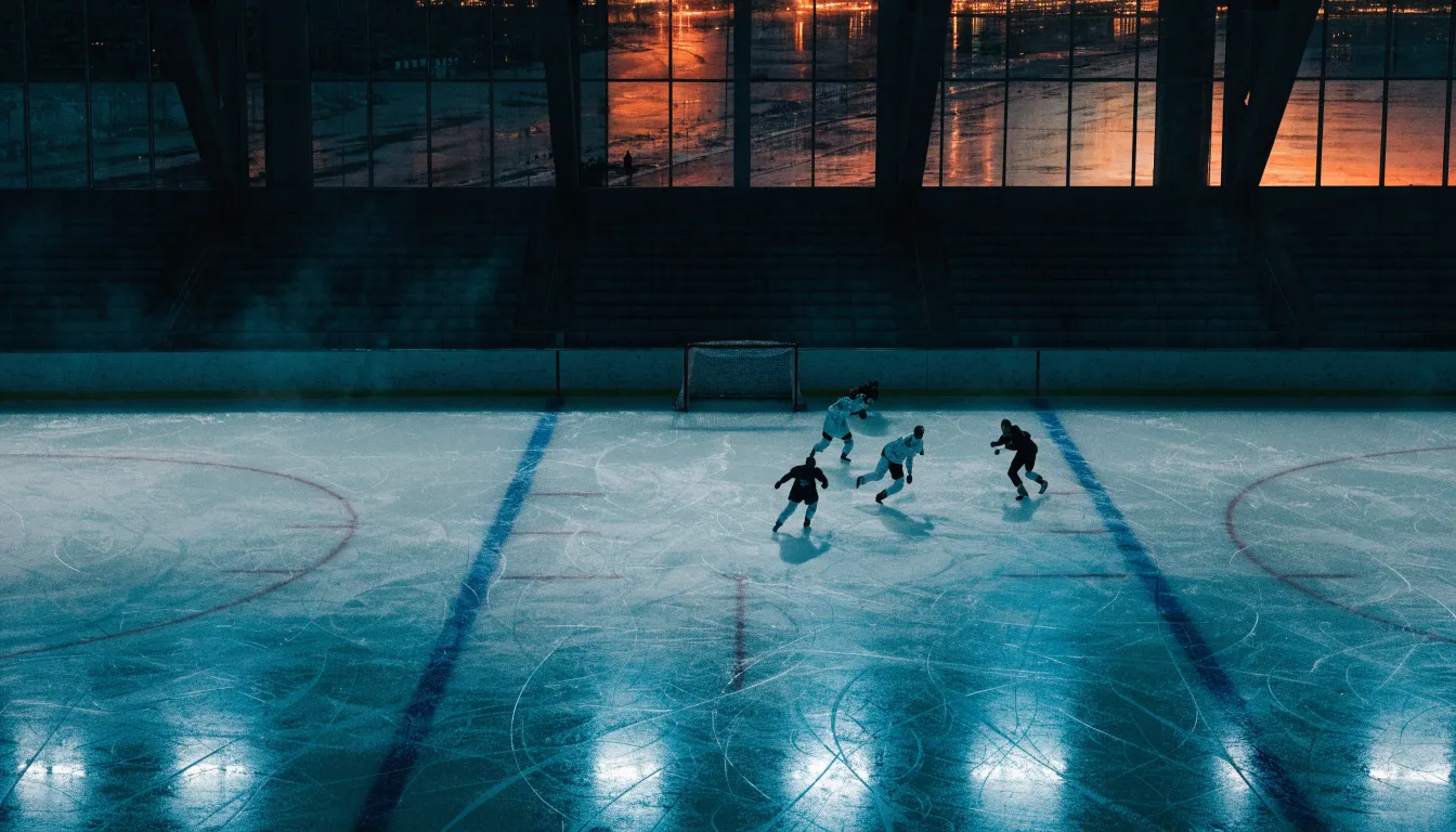 Ein grosses Eisstadion aus der Ferne gesehen, hell erleuchtet von Flutlicht in der Abenddämmerung, davor eine leere Strasse.