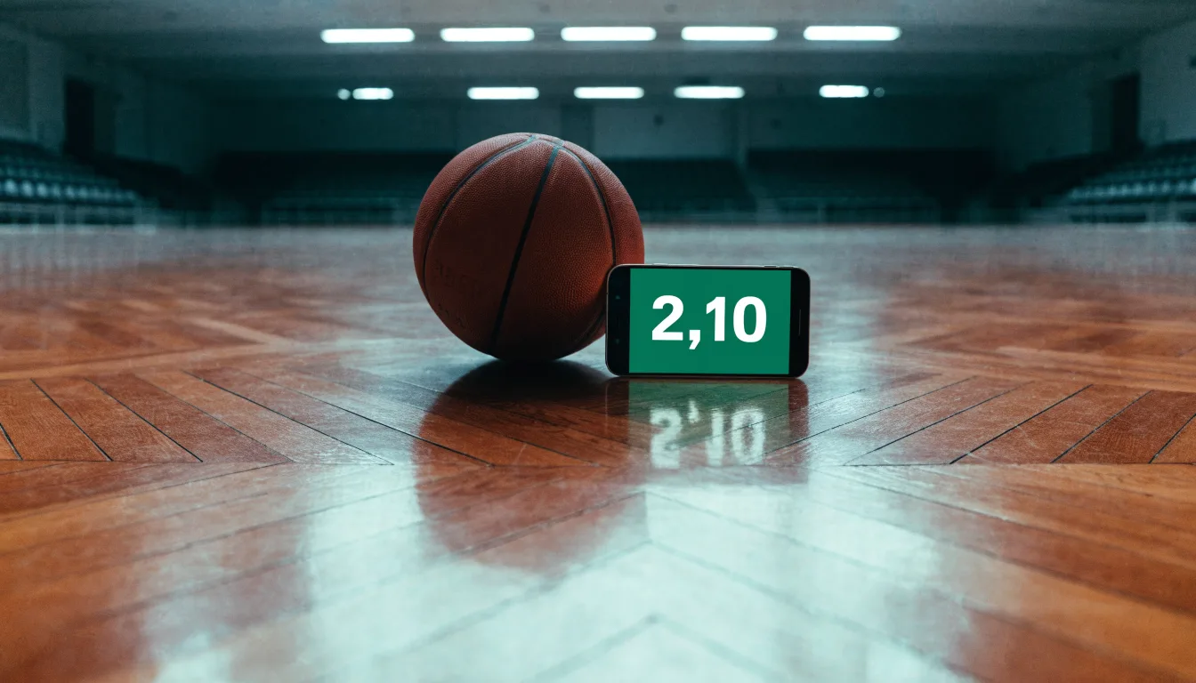 Ein Basketball liegt auf dem Parkett einer leeren Halle, von den Deckenlampen fällt gleichmässiges Licht auf den Boden.