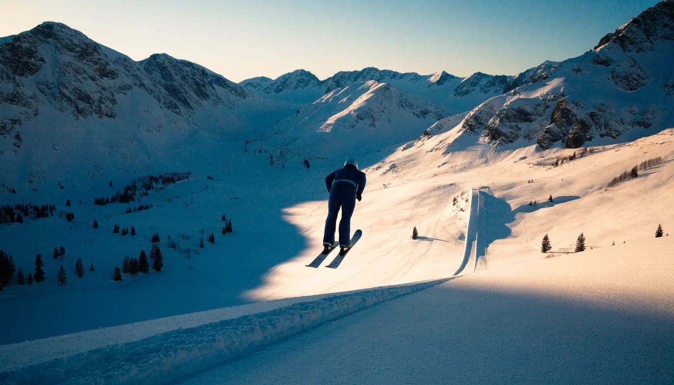 Eine Skisprungschanze erhebt sich vor verschneiten Bergen im Morgenlicht, die Hänge sind unberührt und ruhig.