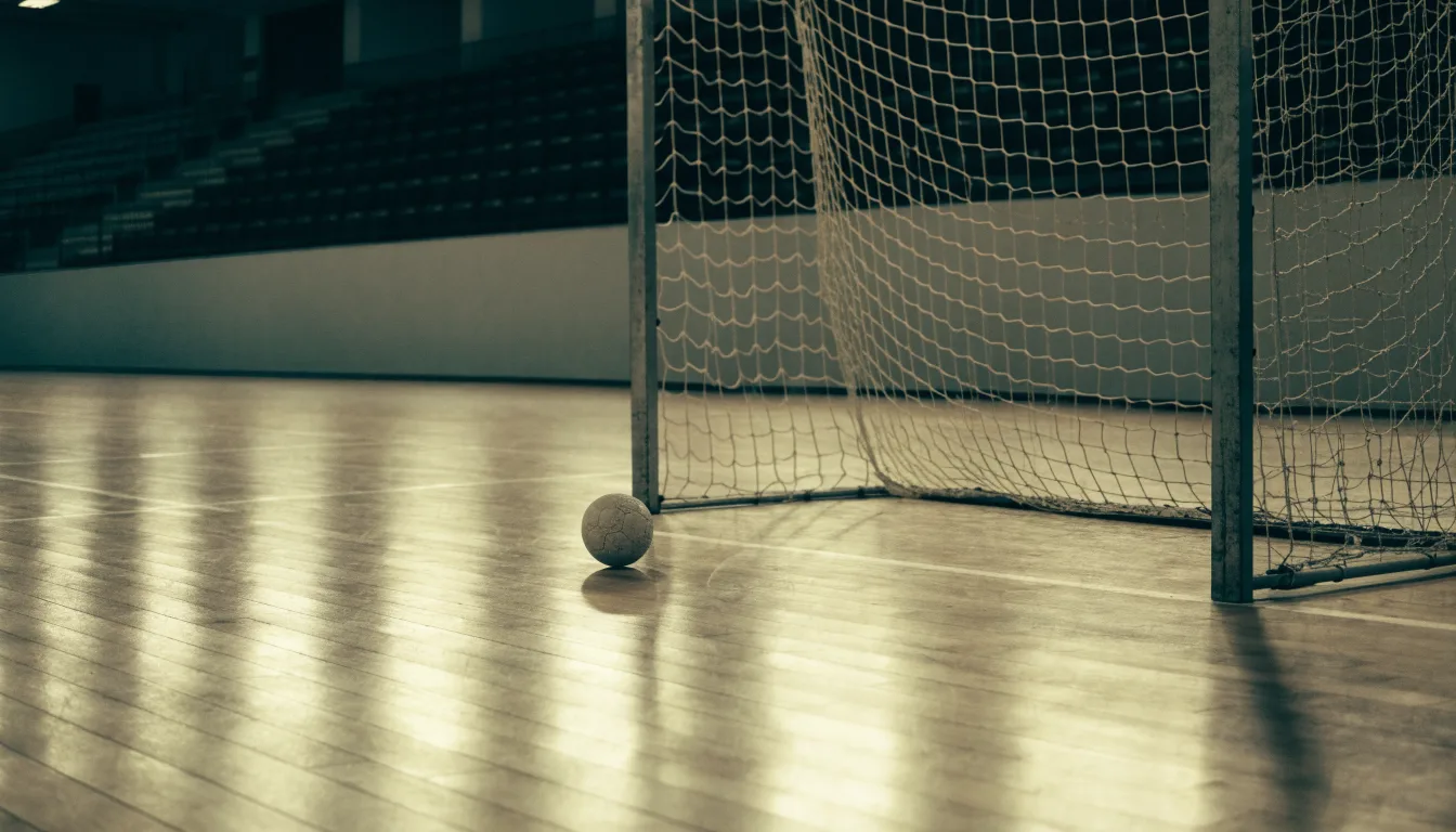 Ein Handballtor in einer leeren Sporthalle, der Ball liegt im Torraum und das Hallenlicht spiegelt sich im Parkett.
