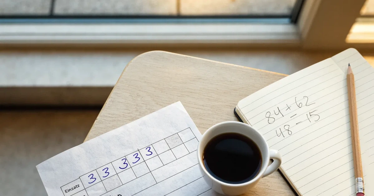 Ein Taschenrechner und ein Bleistift liegen auf kariertem Papier neben einer Tasse Kaffee, ein Fensterplatz mit Tageslicht.