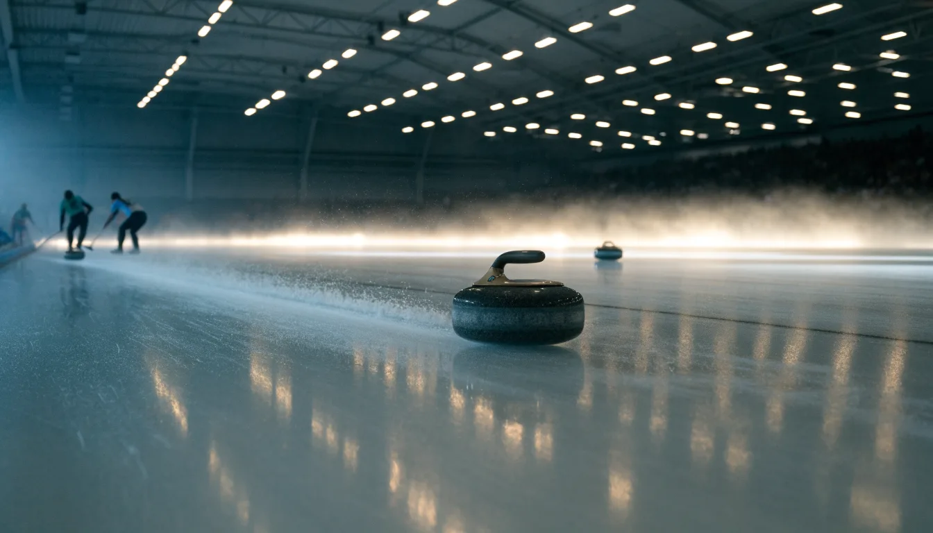 Mehrere Curlingsteine liegen auf einer glatten Eisfläche in einer leeren Halle, Deckenlicht spiegelt sich im Eis.