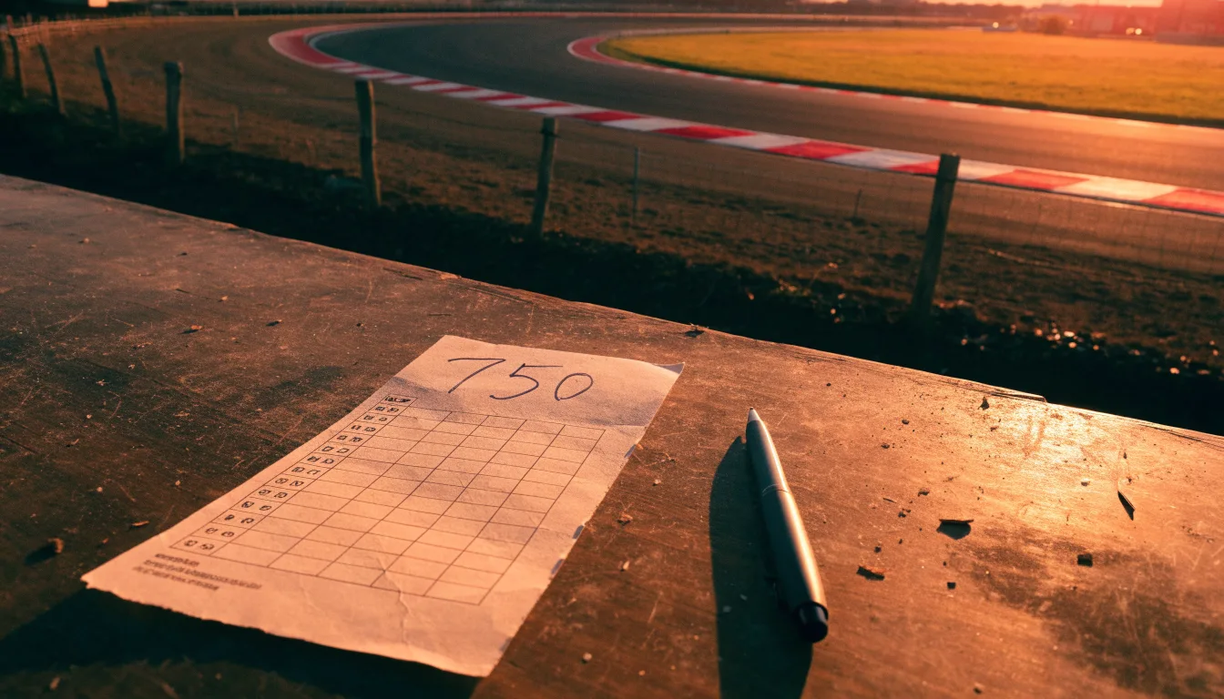 Eine leere Rennstrecke mit rot-weissen Randsteinen im Licht der untergehenden Sonne, Asphalt und Wiese im Gegenlicht.