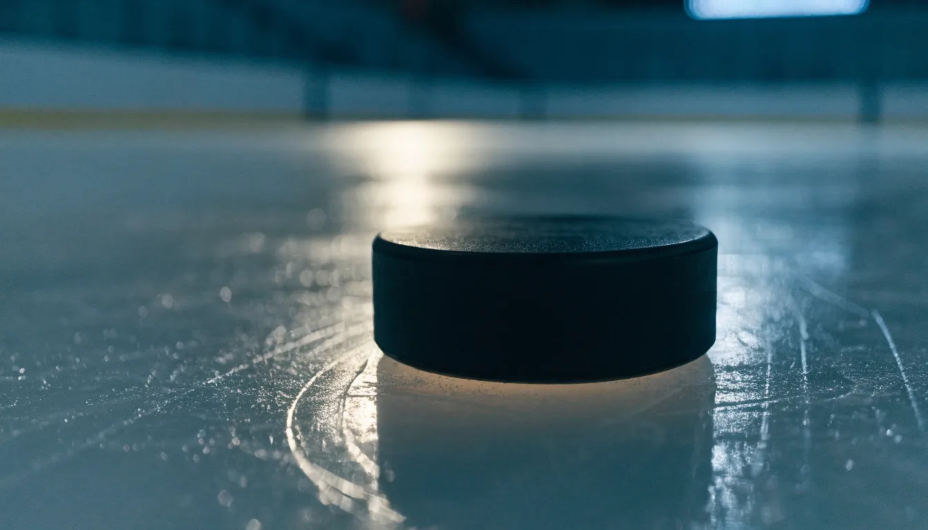 Ein Eishockeypuck liegt in Grossaufnahme auf der Eisfläche, feine Kratzer im Eis glänzen im hellen Hallenlicht.