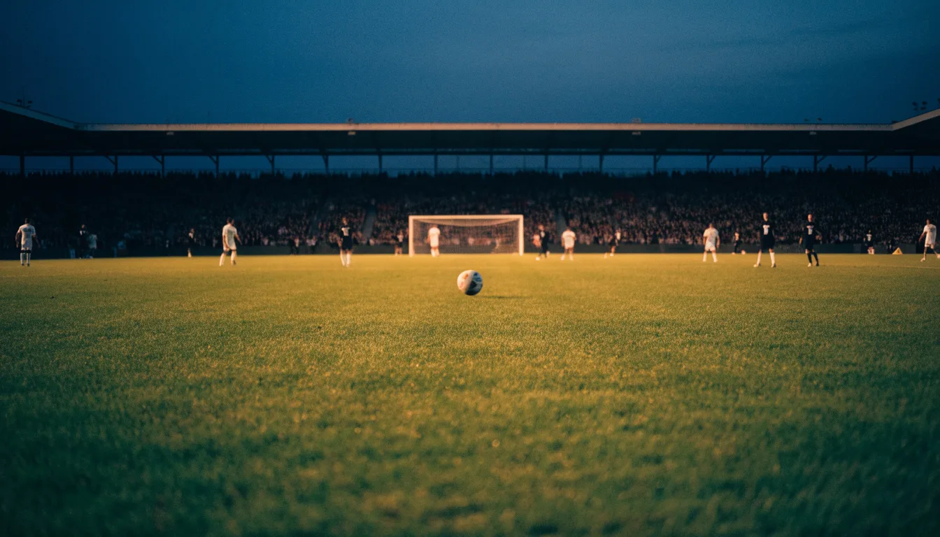 Ein Fussball liegt auf dem Mittelkreis eines leeren Rasenplatzes, dahinter ragen leere Tribünenreihen in den Abendhimmel.