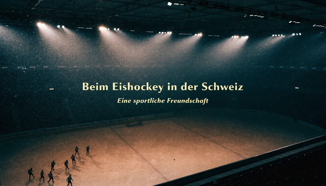 Eine Eishockeybahn liegt unter Flutlicht aus der Ferne betrachtet, leichter Schneefall treibt durch den Lichtkegel über dem Eis.