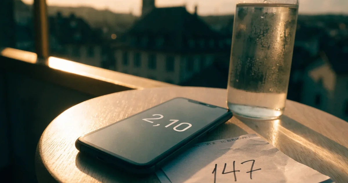 Ein Smartphone mit dunklem Display lehnt an einer Glasflasche auf einem Balkontisch, dahinter liegt eine Altstadt in der Abendsonne.
