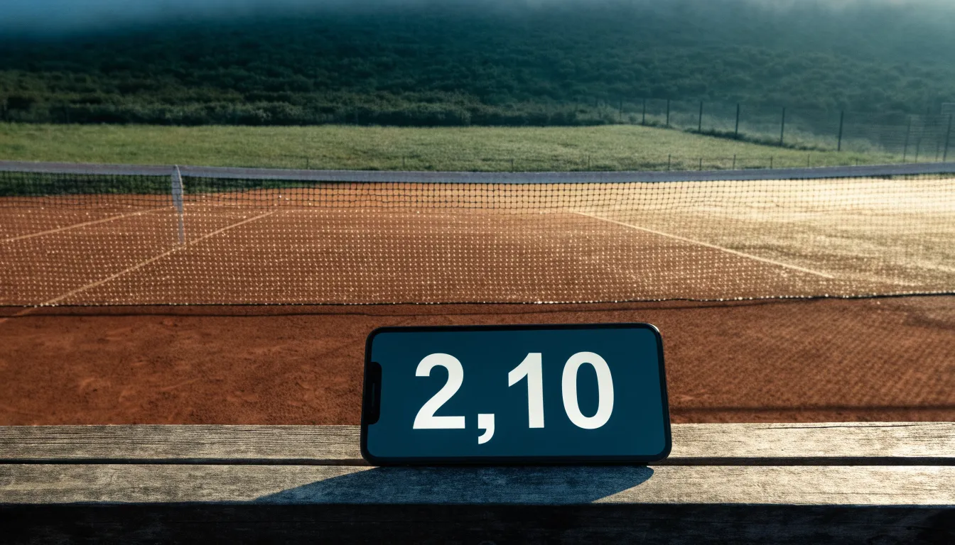 Ein Sandplatz für Tennis liegt bei Morgengrauen leer da, Tau glänzt auf dem Netz, hinter dem Zaun steigen Wiesen an.