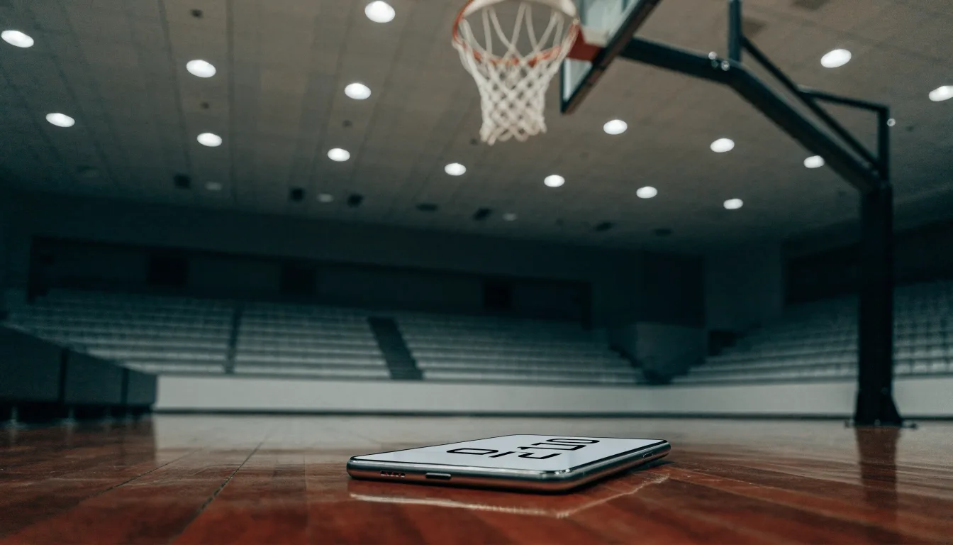 Ein Basketballkorb hängt in einer leeren Halle über einem Holzparkett, von der Decke fällt gleichmässiges Licht auf den Boden.