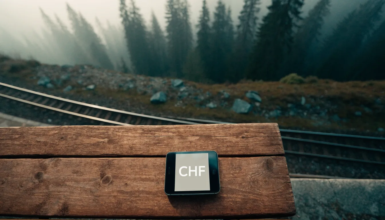 Ein leerer Bahnsteig in den Bergen mit zwei Gleisen, über den Schienen hängt Morgennebel und dahinter ragen dunkle Tannen auf.