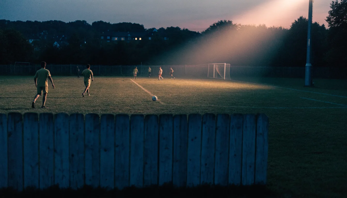 Ein kleiner Dorf-Fussballplatz liegt in der Dämmerung unter einem hohen Flutlichtmast, am Spielfeldrand steht ein Holzzaun.
