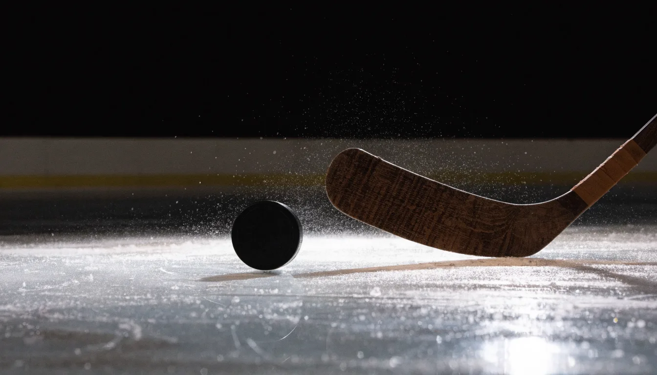 Ein Eishockeypuck liegt auf der Eisfläche neben dem Blatt eines Schlägers, die Bande dahinter ist im Dunkeln nur schwach zu erkennen.