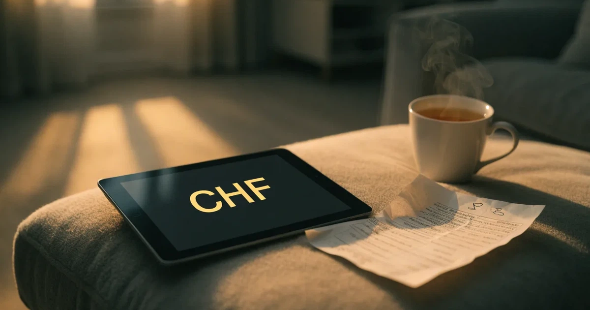 Ein Tablet mit schwarzem Display liegt auf einem Sofakissen, daneben ein Becher mit Tee, vom Fenster her fällt Abendlicht.