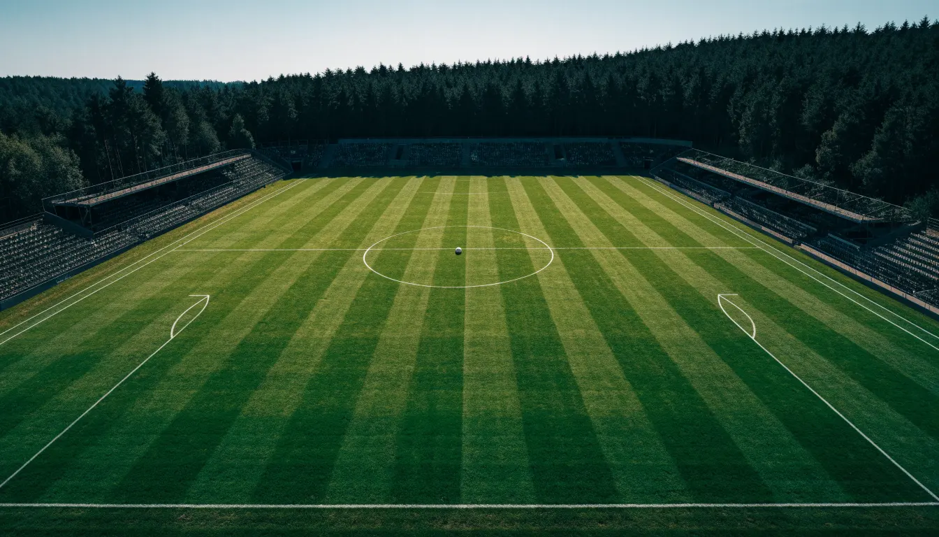Ein Rasenplatz mit Spielfeldlinien ist von oben gesehen, ein einzelner Ball liegt in der Mitte, rundherum stehen leere Tribünen und Tannenwald.