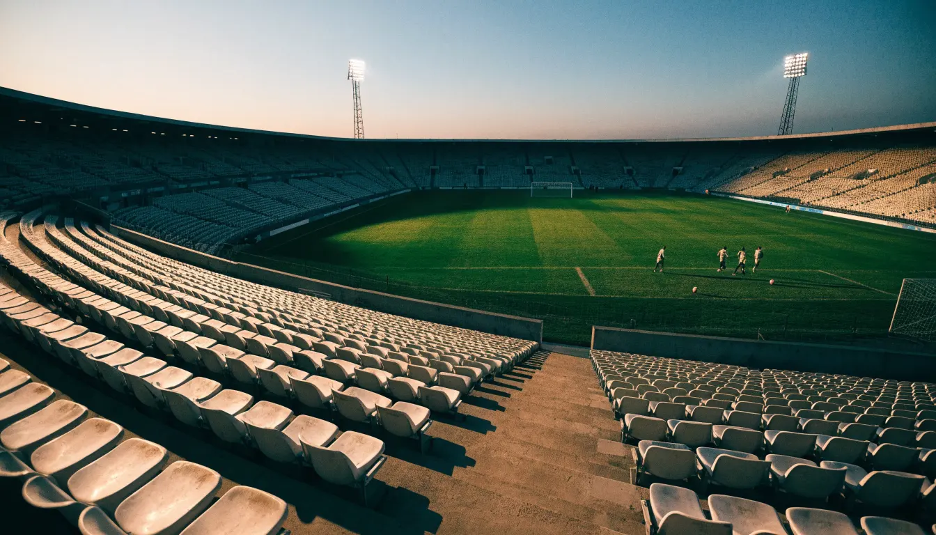 Leere Tribünenränge eines Fussballstadions in der Abenddämmerung, über dem Rasen leuchten die Flutlichter.