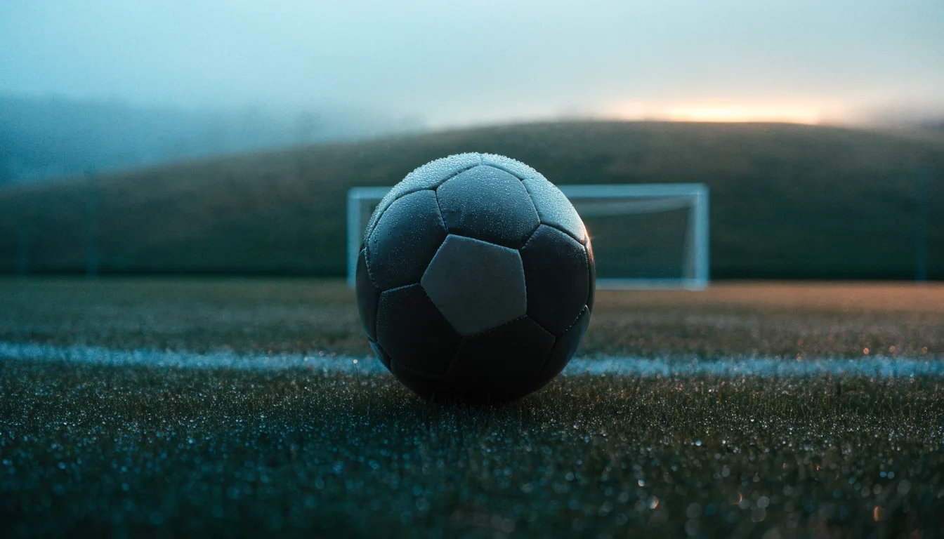 Ein Fussball liegt am frühen Morgen auf dem Anstosspunkt eines taunassen Rasens, im Hintergrund erheben sich Hügel im Dunst.