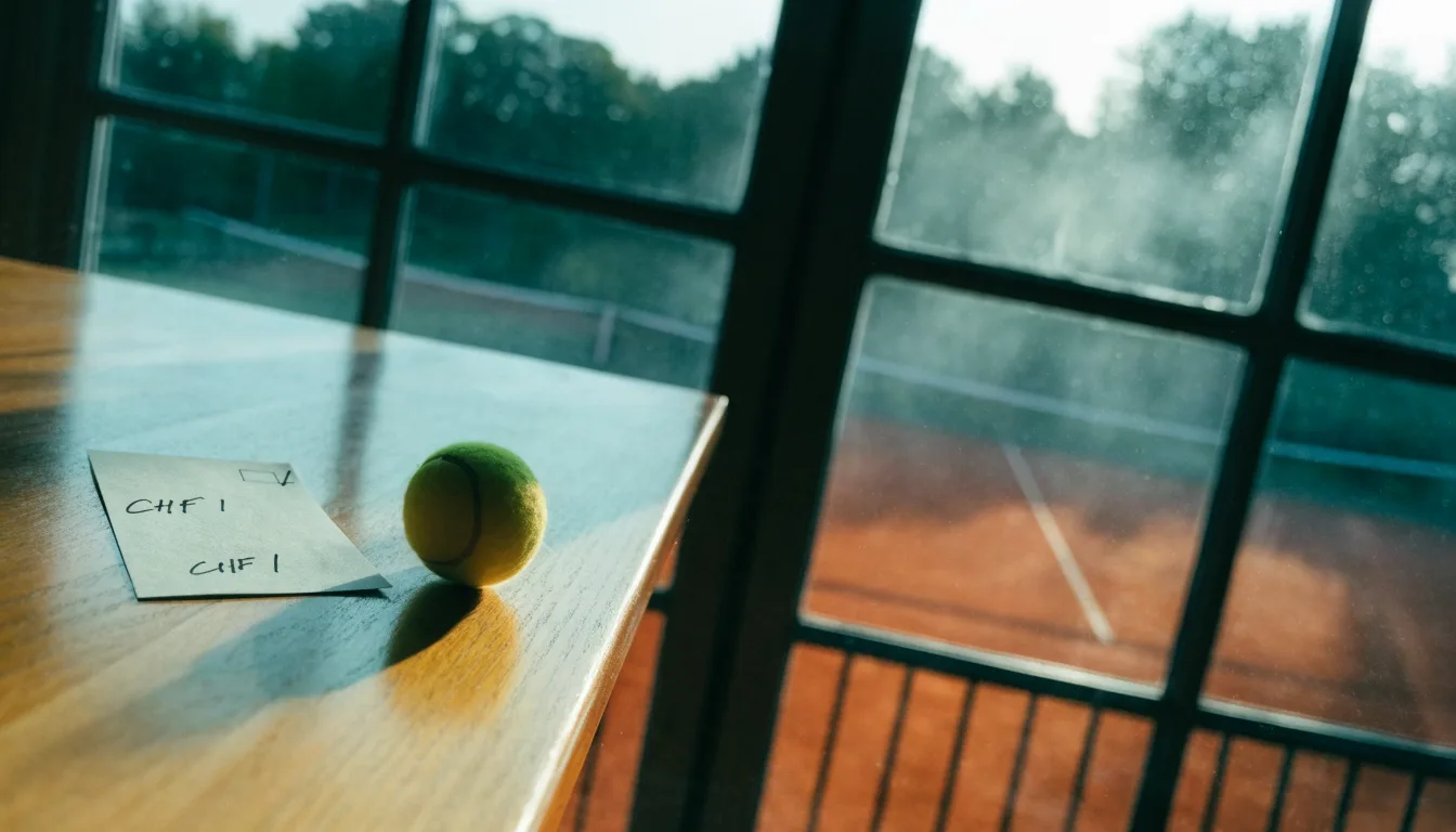 Ein Tennisplatz im Morgengrauen mit gespanntem Netz und feinem Dunst über der roten Asche.
