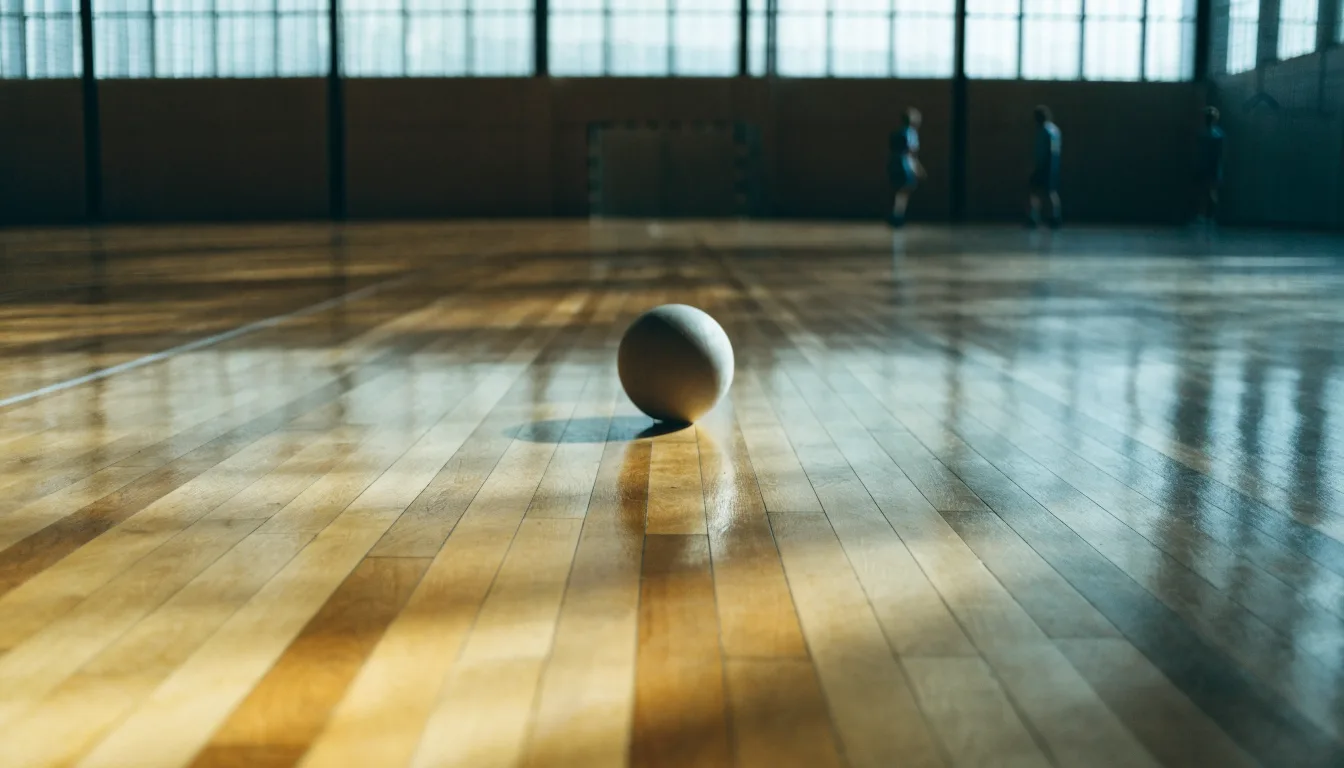 Der Boden einer Sporthalle aus poliertem Parkett mit einem einzelnen Handball in der Mitte, Licht fällt durch hohe Fenster.