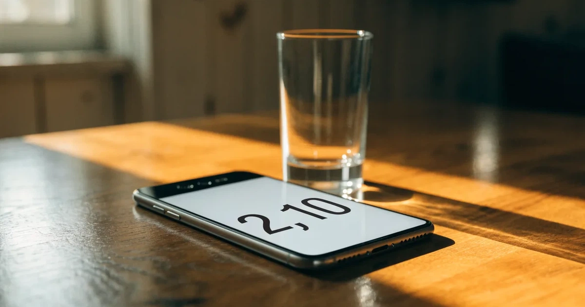 Ein Smartphone liegt mit dem Display nach unten auf einem Holztisch neben einem Wasserglas.