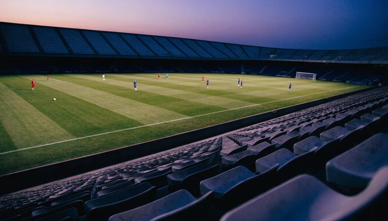 Die Silhouette eines Stadiondachs vor dem violetten Abendhimmel, dahinter eine Hügelkette.