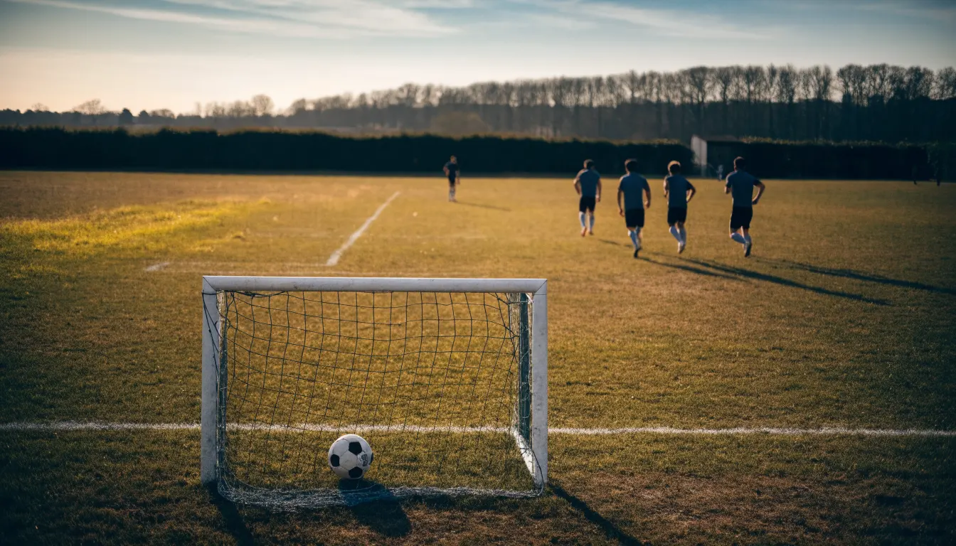 Ein Fussballtor mit locker hängendem Netz auf einem Trainingsplatz, das sich leicht im Wind bewegt.