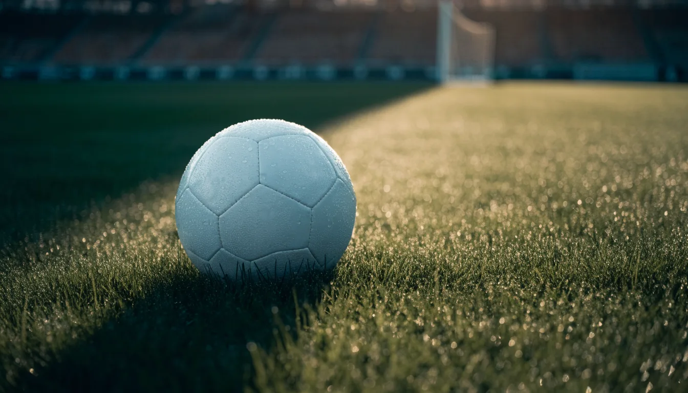 Ein Fussball ruht an der Seitenlinie im taufeuchten Gras, die ersten Sonnenstrahlen fallen schräg über den Platz.