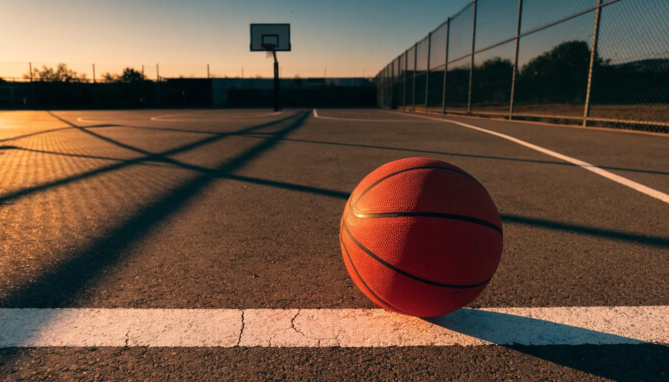 Ein Basketball liegt bei Sonnenuntergang auf einem leeren Aussenplatz, lange Schatten fallen über den Boden.