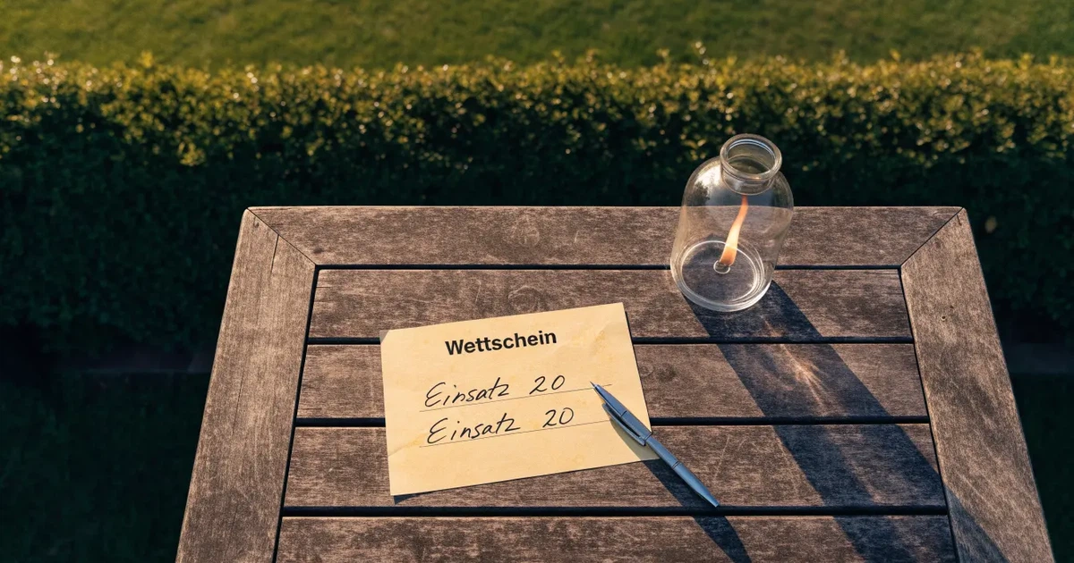 Ein leeres Wettschein-Papier und ein Kugelschreiber liegen auf einem Gartentisch auf einer Terrasse, daneben steht ein Windlicht.