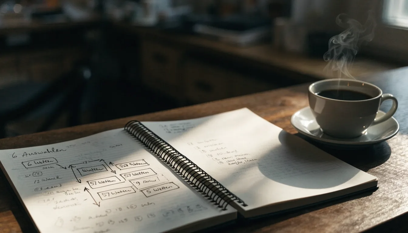 Ein aufgeschlagenes Notizbuch mit handschriftlichen Pfeilen und Kästchen liegt neben einer Kaffeetasse auf einem Schreibtisch am Fenster.