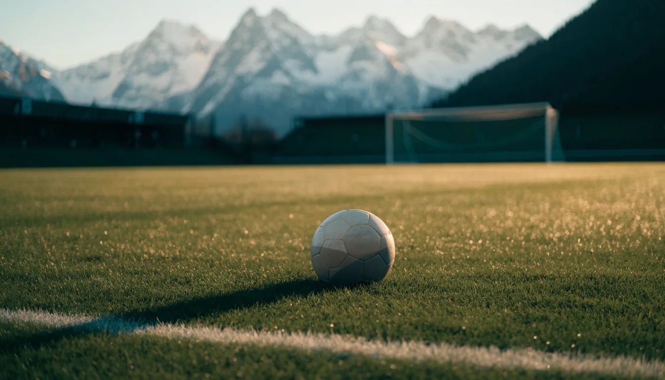 Ein Fussball liegt auf dem Rasen eines leeren Stadions am frühen Abend, dahinter erheben sich schneebedeckte Berge unter klarem Himmel.