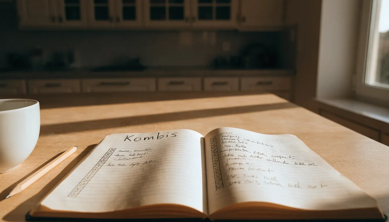 Ein leeres kariertes Heft und ein Bleistift liegen auf einem Küchentisch im warmen Licht des späten Nachmittags.