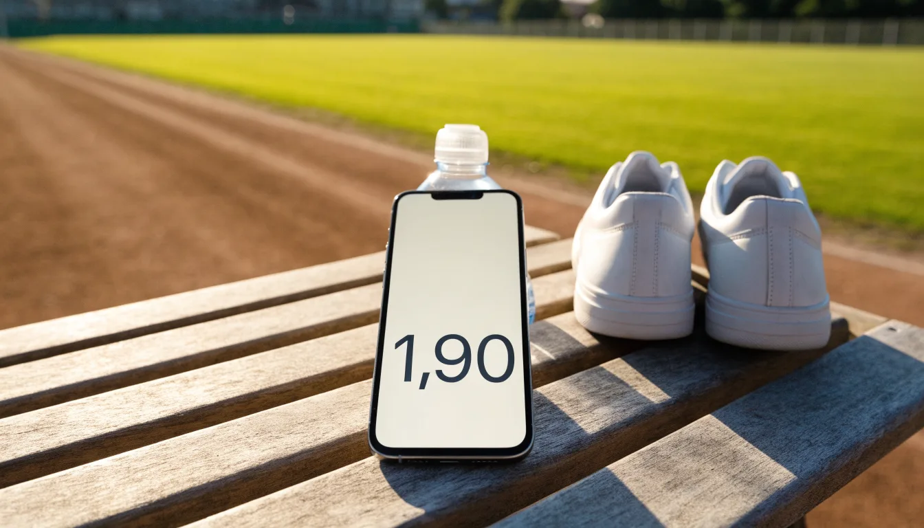 Ein Smartphone mit dunklem Bildschirm lehnt an einer Wasserflasche, daneben stehen Laufschuhe auf einer Bank am Sportplatz.