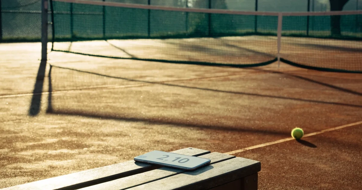 Ein Tennisplatz im ersten Morgenlicht, das Netz hängt leicht durch und auf der Grundlinie liegt ein einzelner Ball.