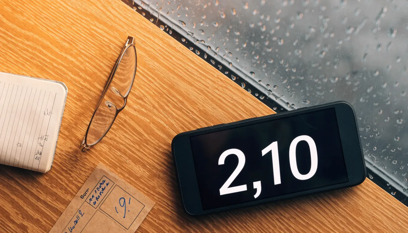 Eine Sanduhr steht auf einem Holztisch neben einer Brille, hinter dem Fenster laufen Regentropfen über das Glas.